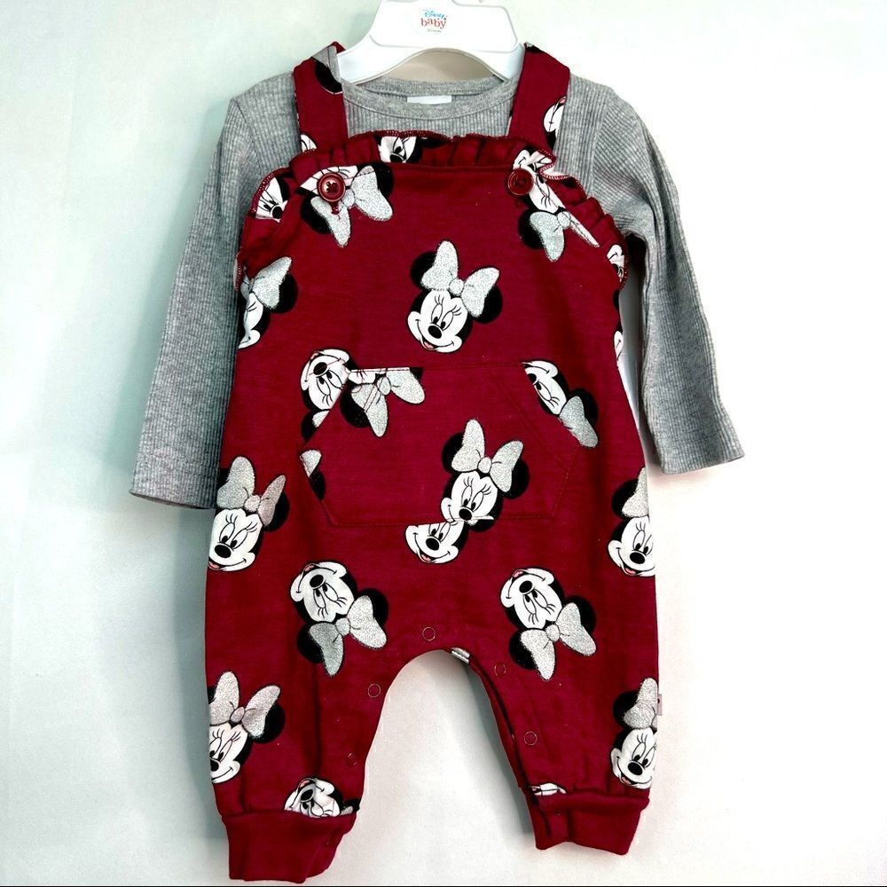 Disney Baby Minnie Mouse Maroon and Gray two piece overall set Brand New!
